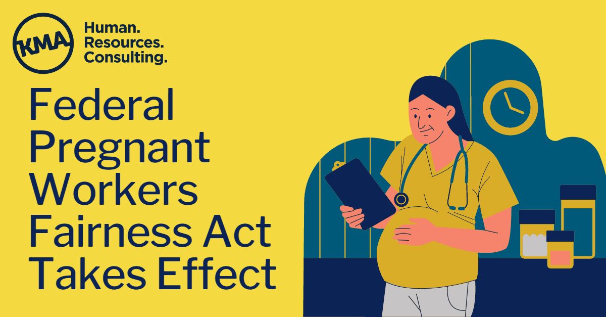 Graphic of a pregnant medical worker and title: Federal Pregnant Workers Fairness Act Takes Effect