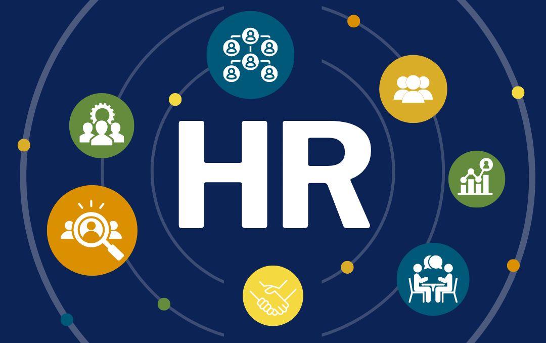 A graphic with HR in the center and icons representing different aspects of HR orbiting 