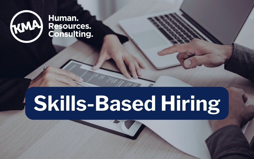A graphic with a computer and resume titled Skills-Based Hiring