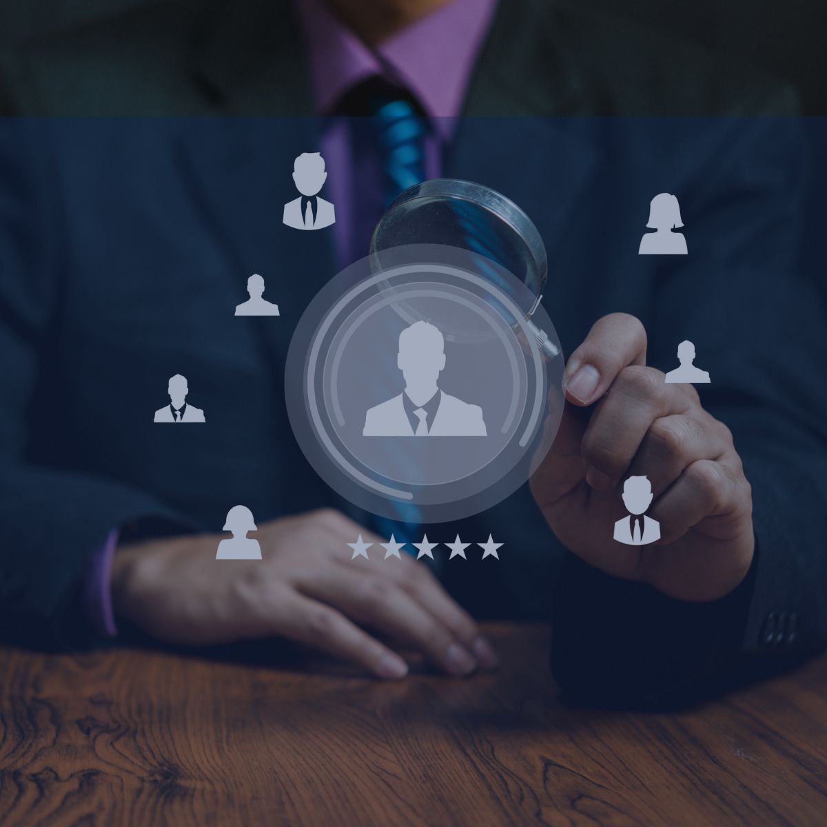 image of an executive with a magnifying glass looking at icons of people