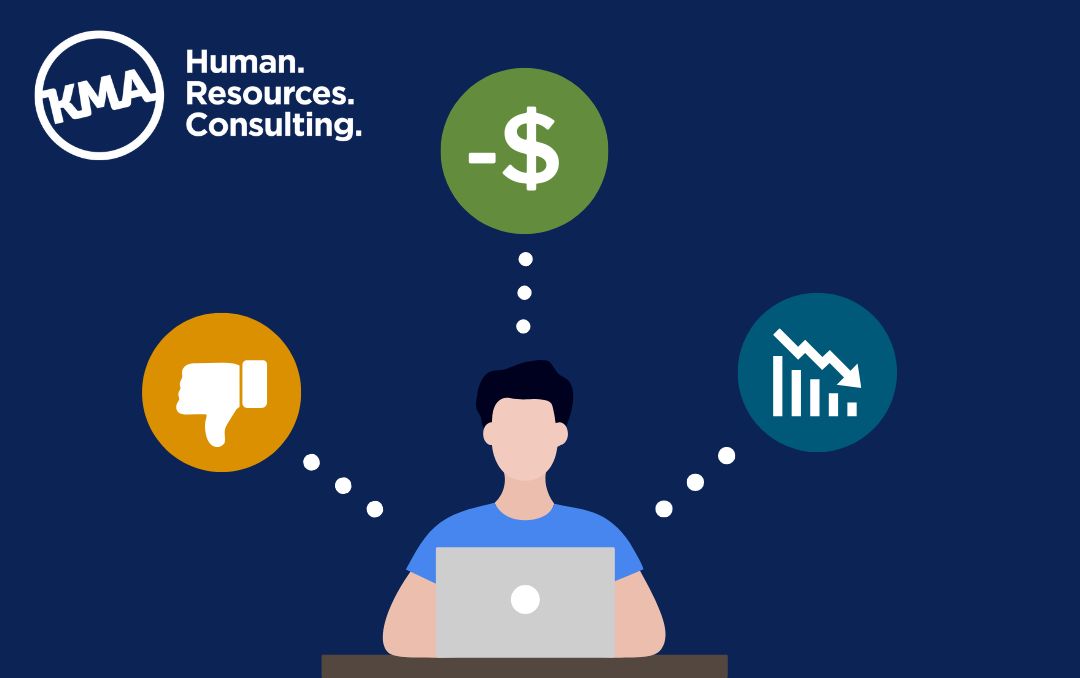 graphic of a person using a laptop, with bubbles showing dollar signs, thumbs down emoji and a graph