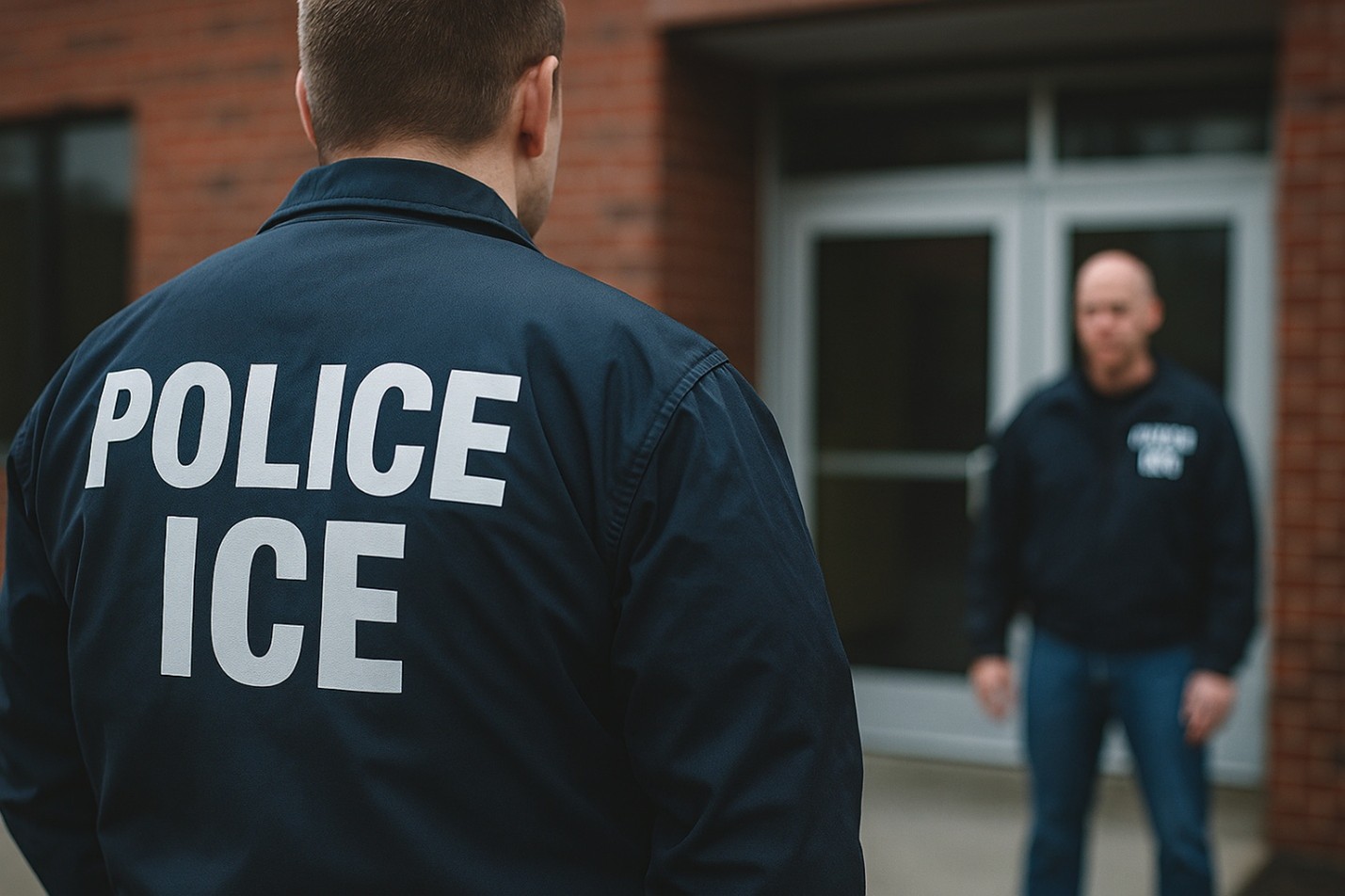 Photo of ICE officer in front of a building.